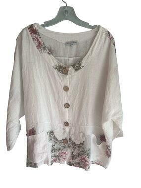 Lin Blanc 100% Linen Italy Floral-Trim Button Front Tunic Lagenlook Cottagecore